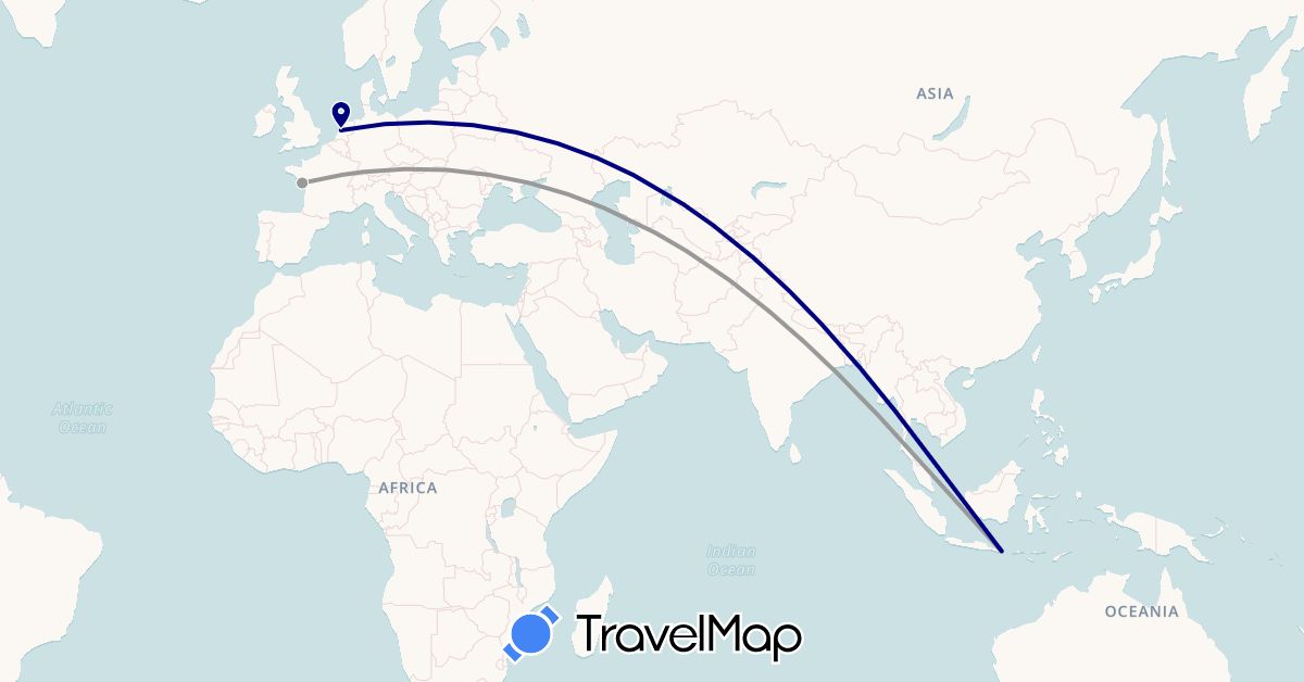 TravelMap itinerary: driving, plane in France, Indonesia, Netherlands (Asia, Europe)